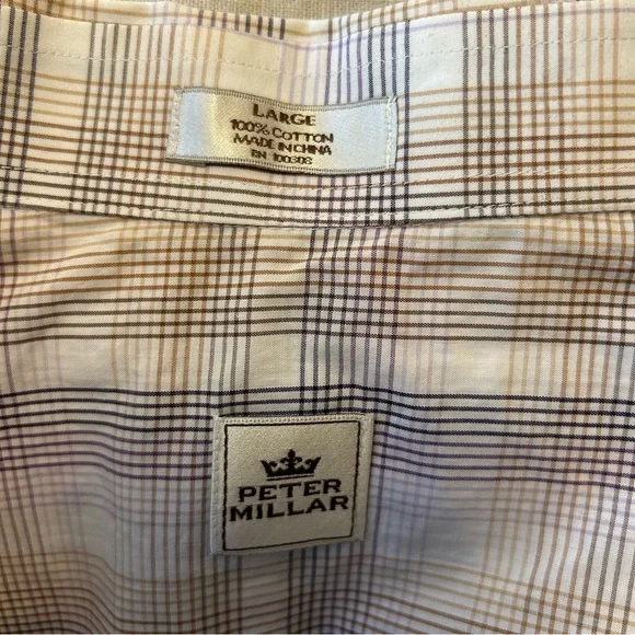 Peter Millar Long Sleeve 100% cotton button down purple tan stripe shirt size L - Picture 7 of 7